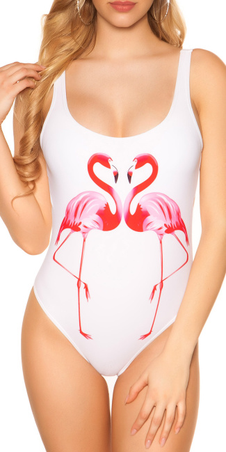 Trendy zwempak-badpak met flamingo print wit
